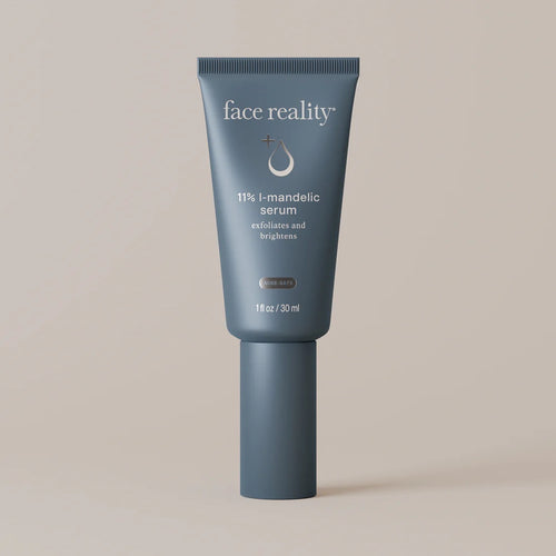 Blue tube of Face Reality's 11% l-mandelic serum on beige background
