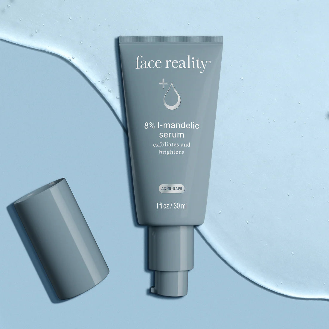 Face Reality's 8% L-mandelic prodcut in blue tube with cap off, and with blue water like background