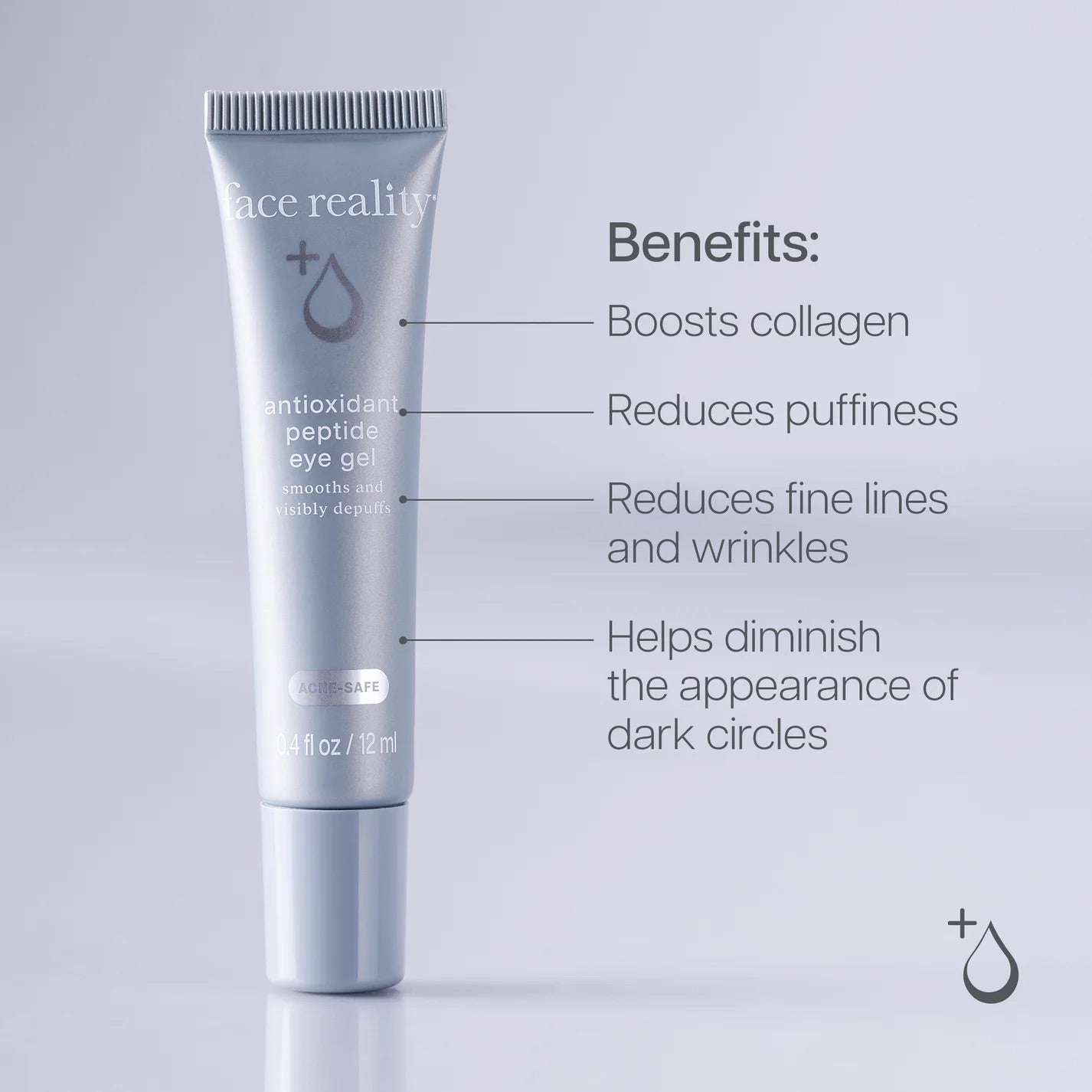 Face Reality's antioxidant peptide eye gel's benefit info sheet with blue product tube