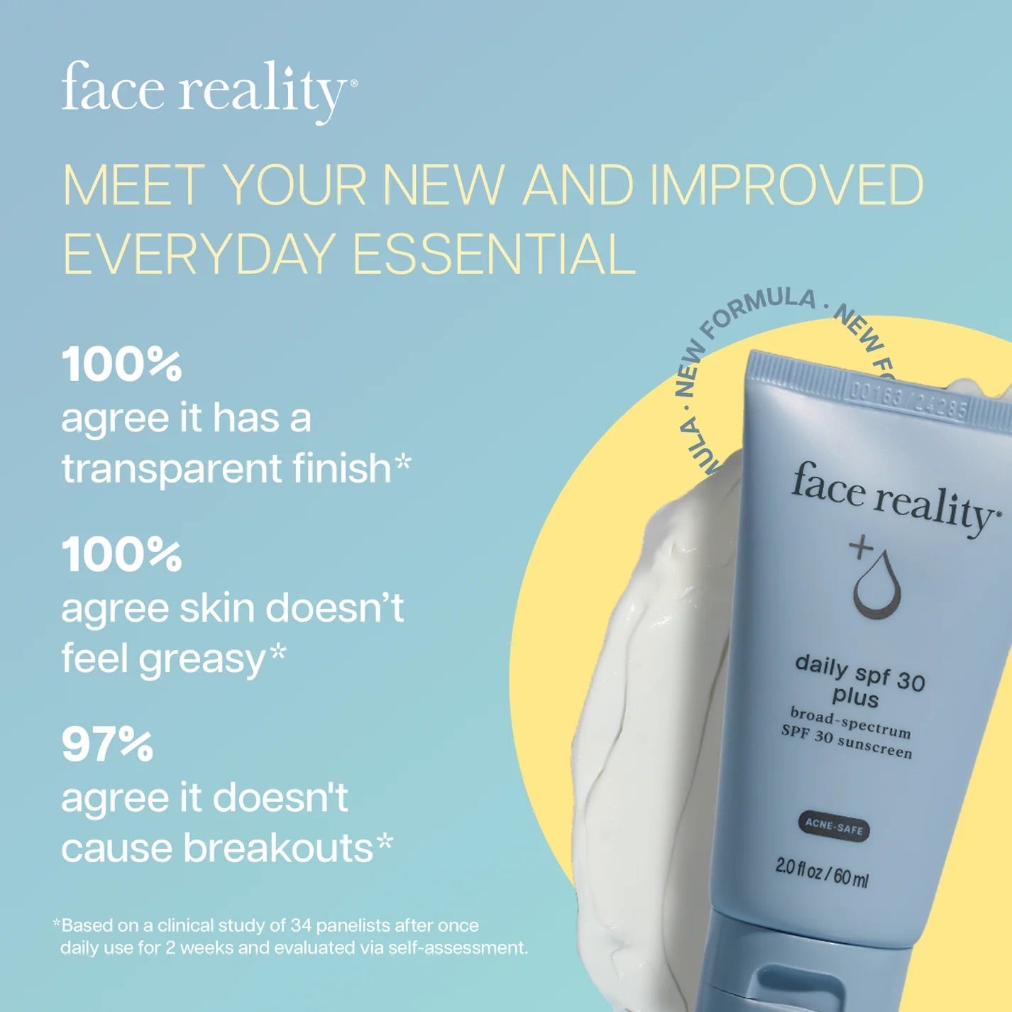 Face Reality's daily spf 30 plus fact sheet with light blue product tube against white-colored product swatch and light blue background.