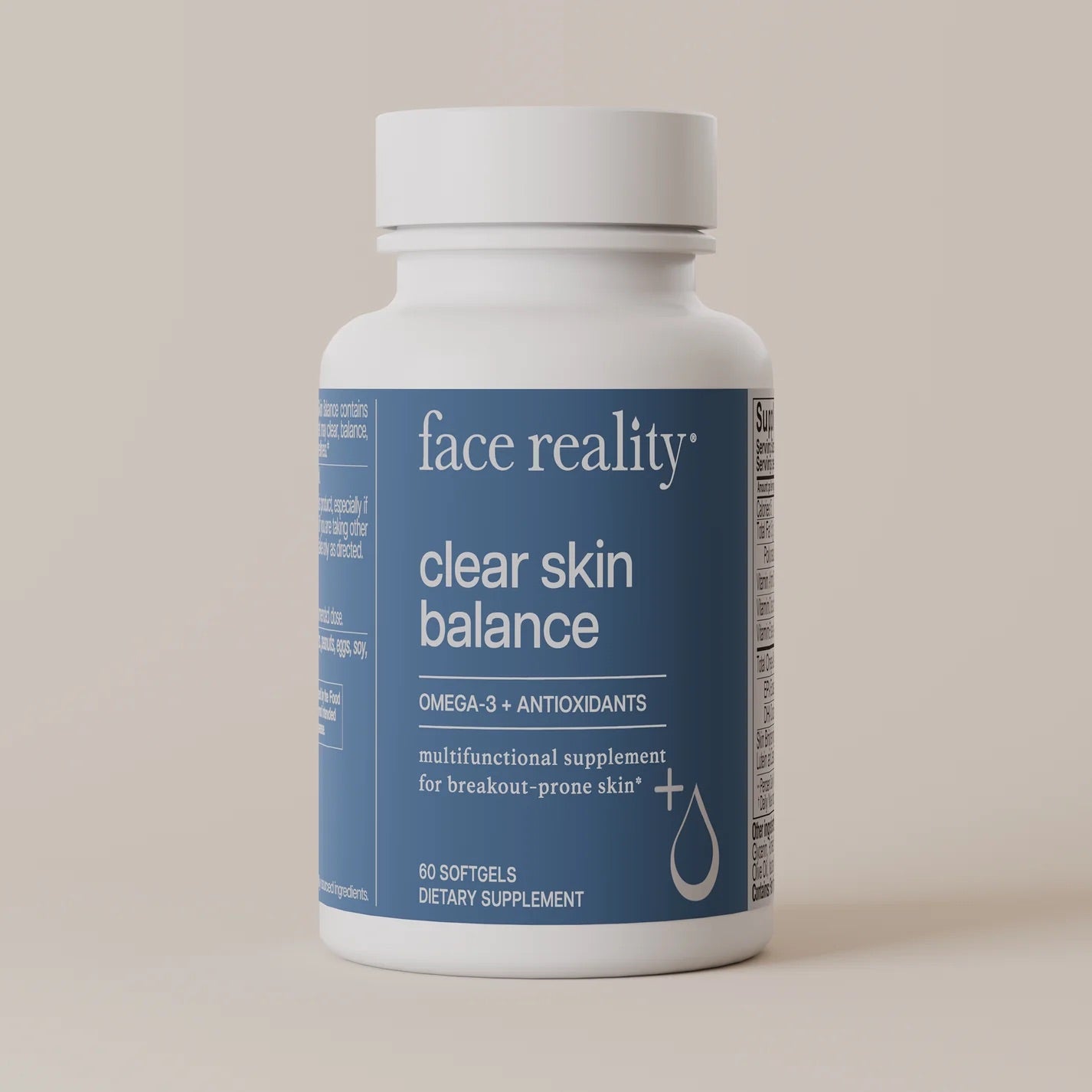 Face Reality's clear skin balance supplement in white bottle with blue label and beige backdrop.