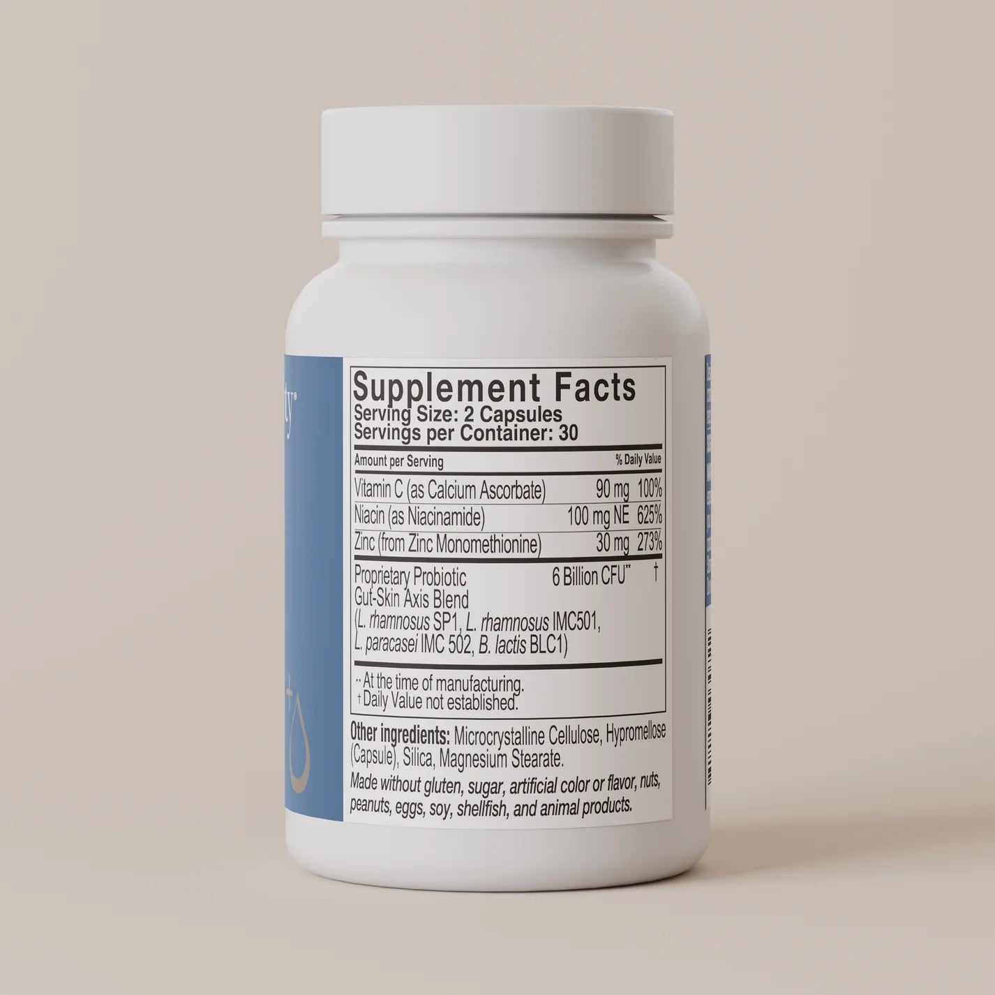 Face Reality's clear skin restore product bottle with ingredients list, on beige backdrop