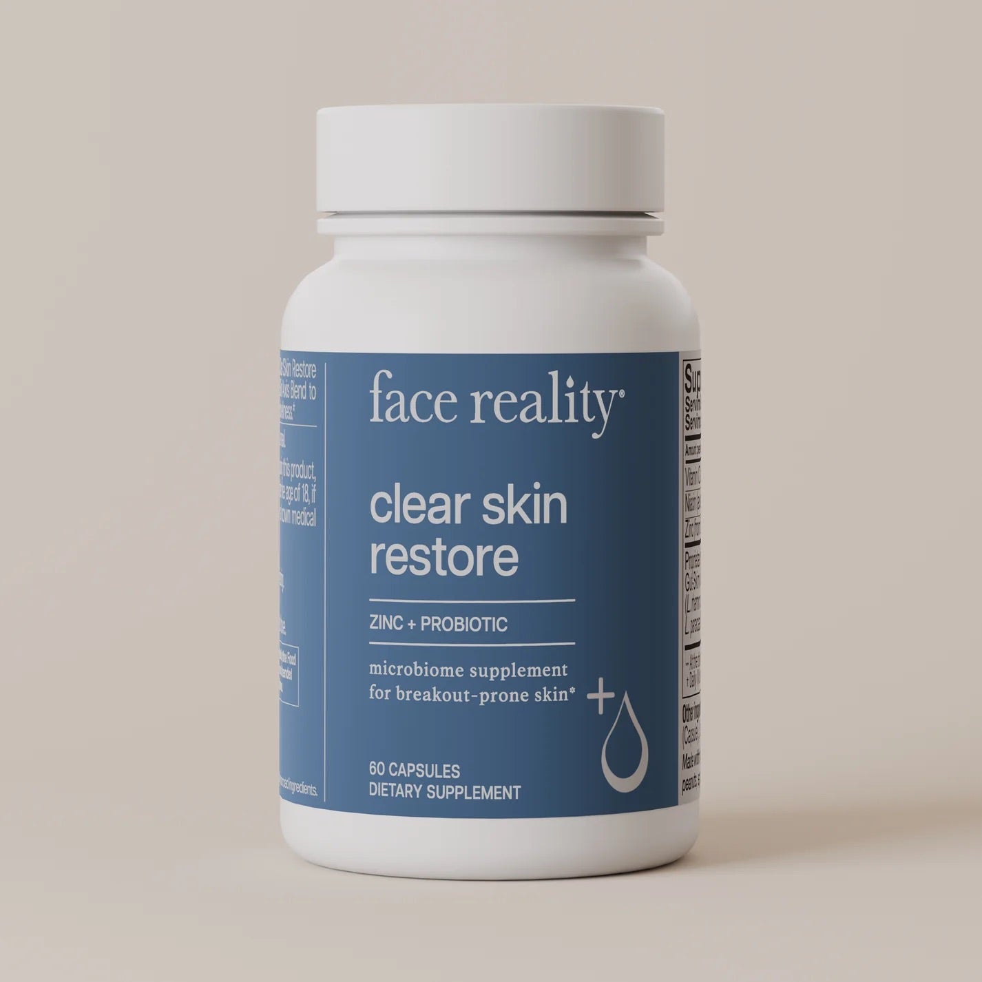 Face Reality's clear skin restore supplement in white bottle with blue label and beige backdrop.