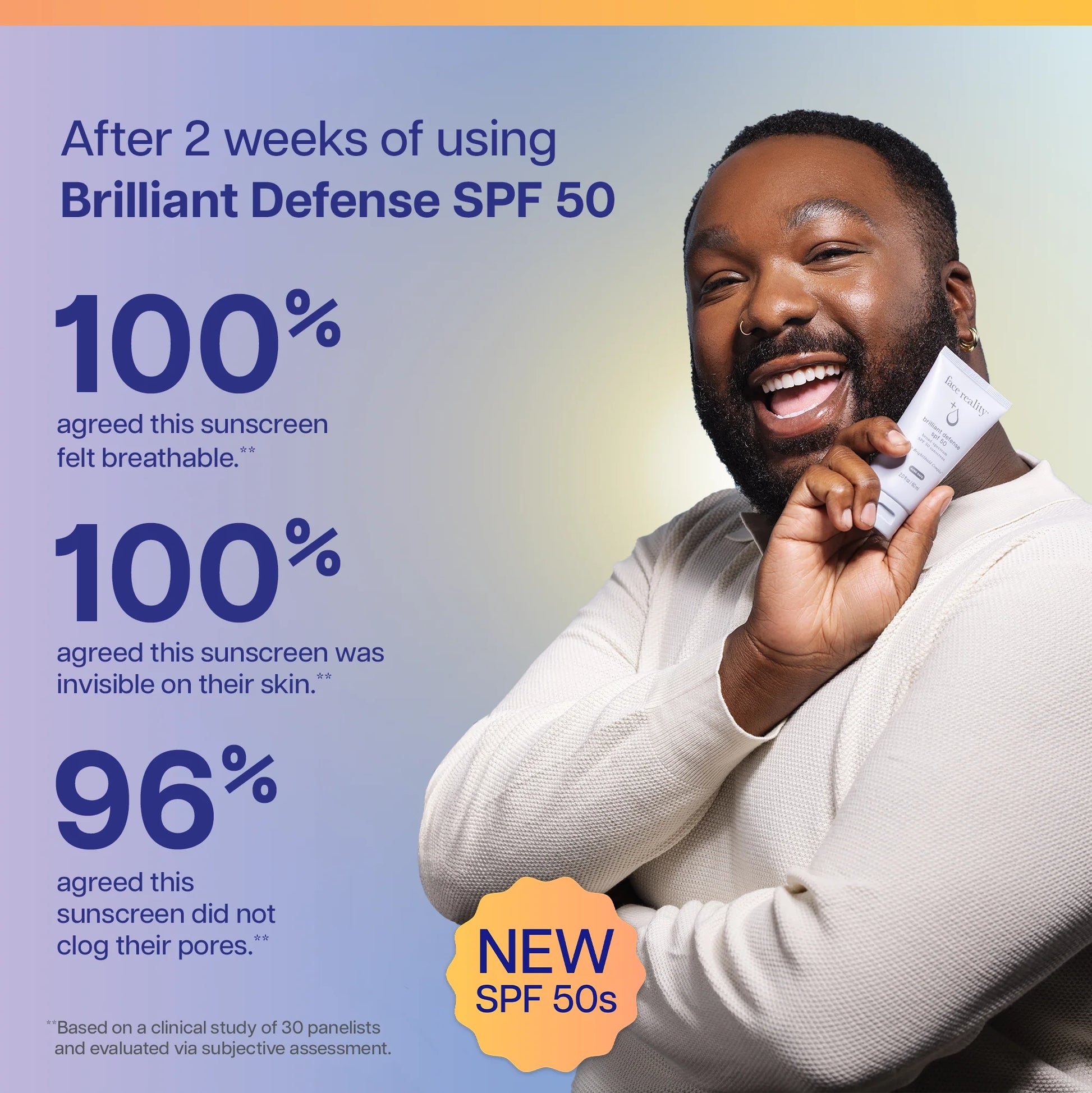 Man holding a tube of Brilliant Defense SPF 50 sunscreen with text on a gradient background