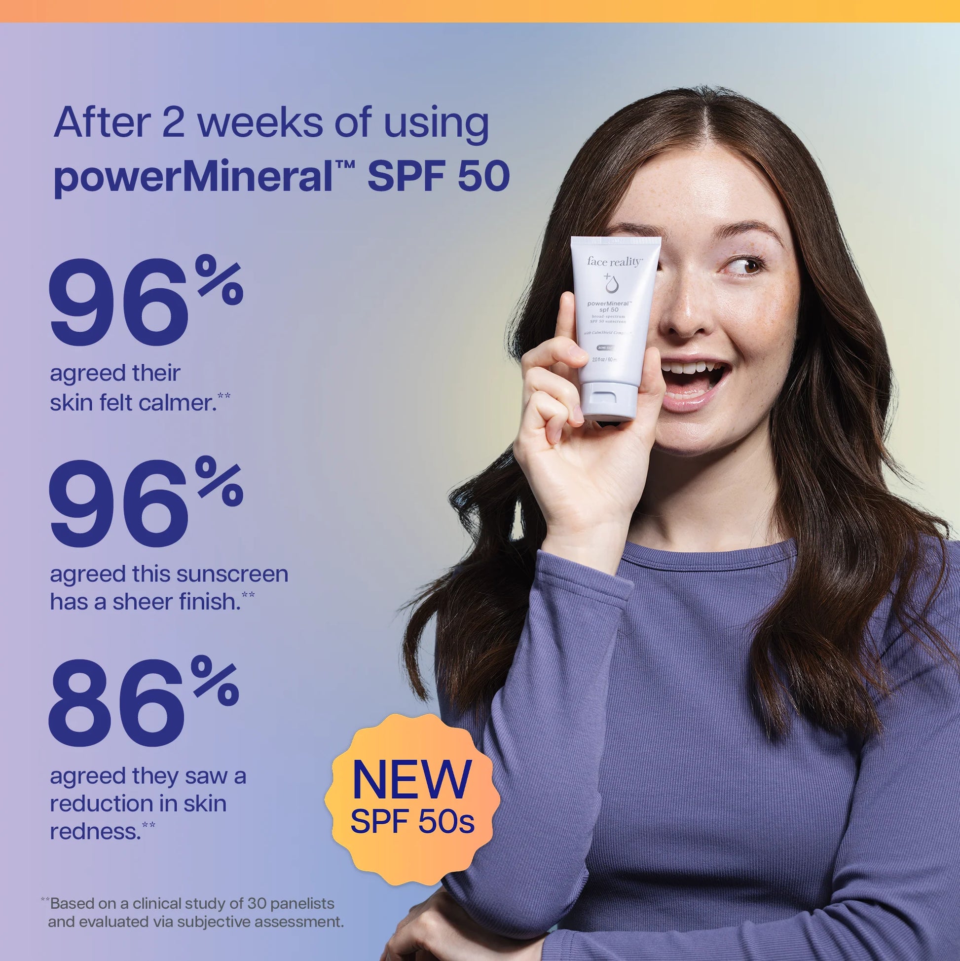Woman holding a tube of powerMineral sunscreen with usage statistics on a blue background