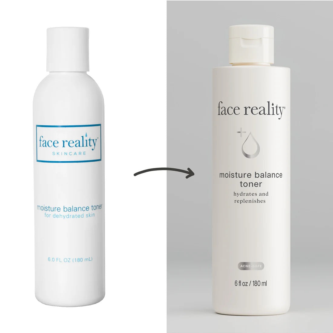 Face Reality's comparison of old and new packaging for moisture balance toner
