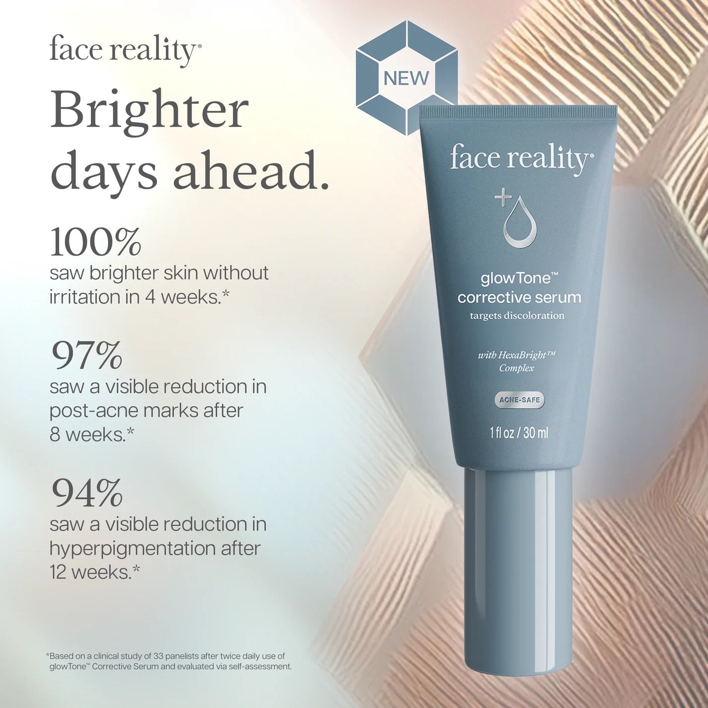 Face Reality's glowTone corrective serum infographic with statistics and picture of blue product tube