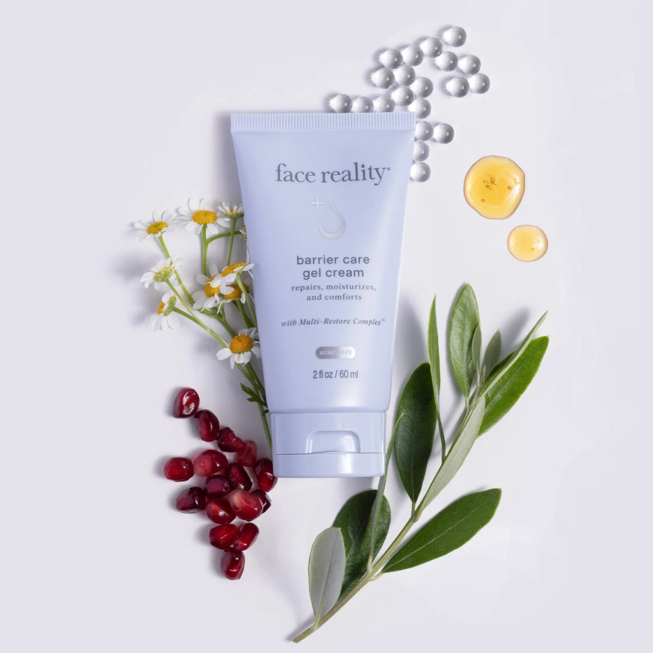 Face Reality's barrier care gel cream light blue product tube with natural elements surrounding it, against a white background