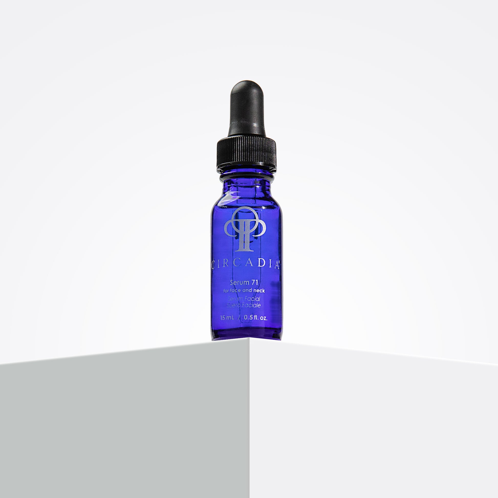 Blue Circadia serum 71 bottle with dropper on a white background