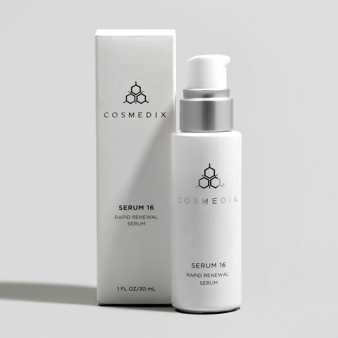 COSMEDIX's Serum 16 Rapid Renewal Serum white product bottle with dispenser, standing beside white product box against light grey background