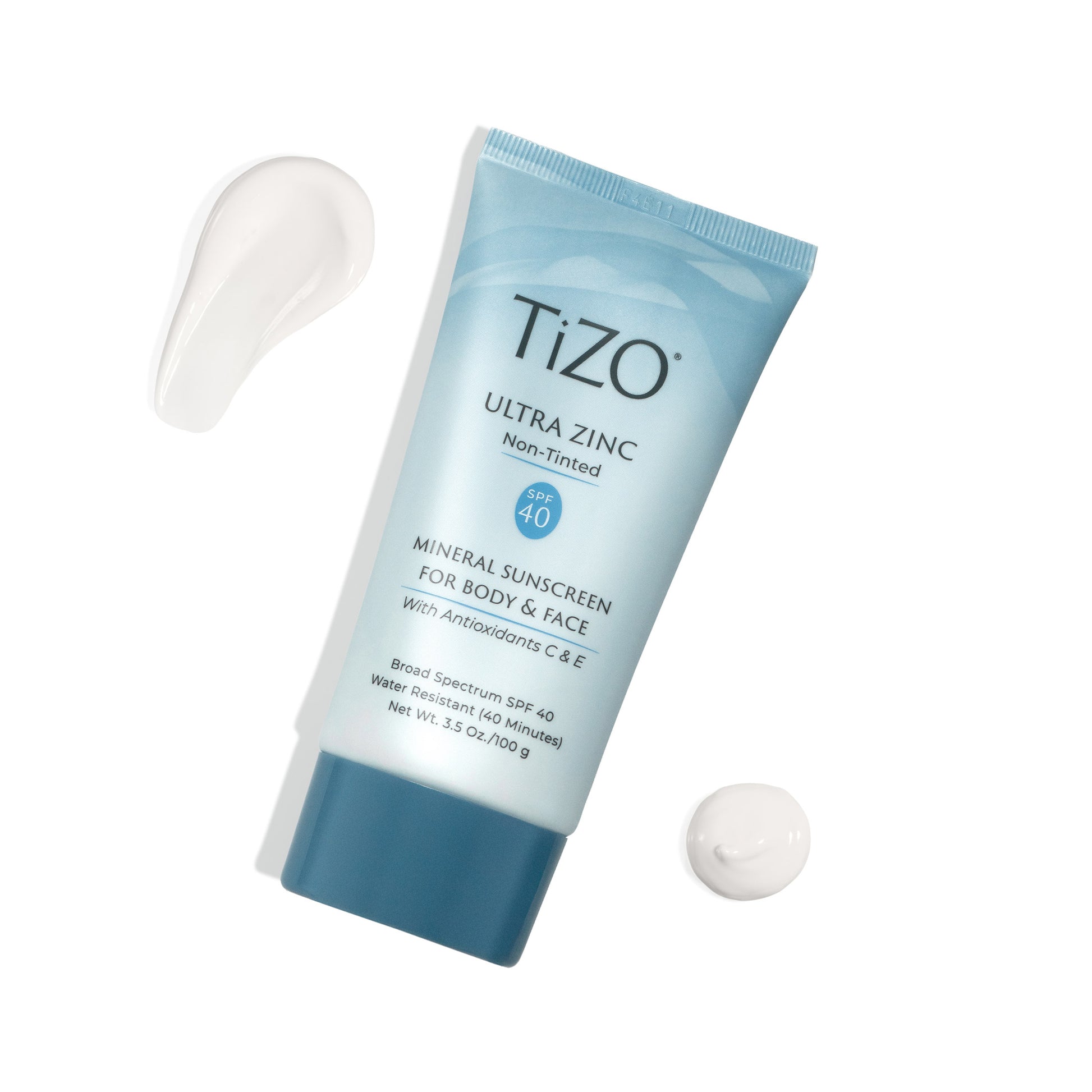 TiZO Ultra Zinc Body & Face - Non Tinted SPF 40 product tube with white colored product swatches and a white background