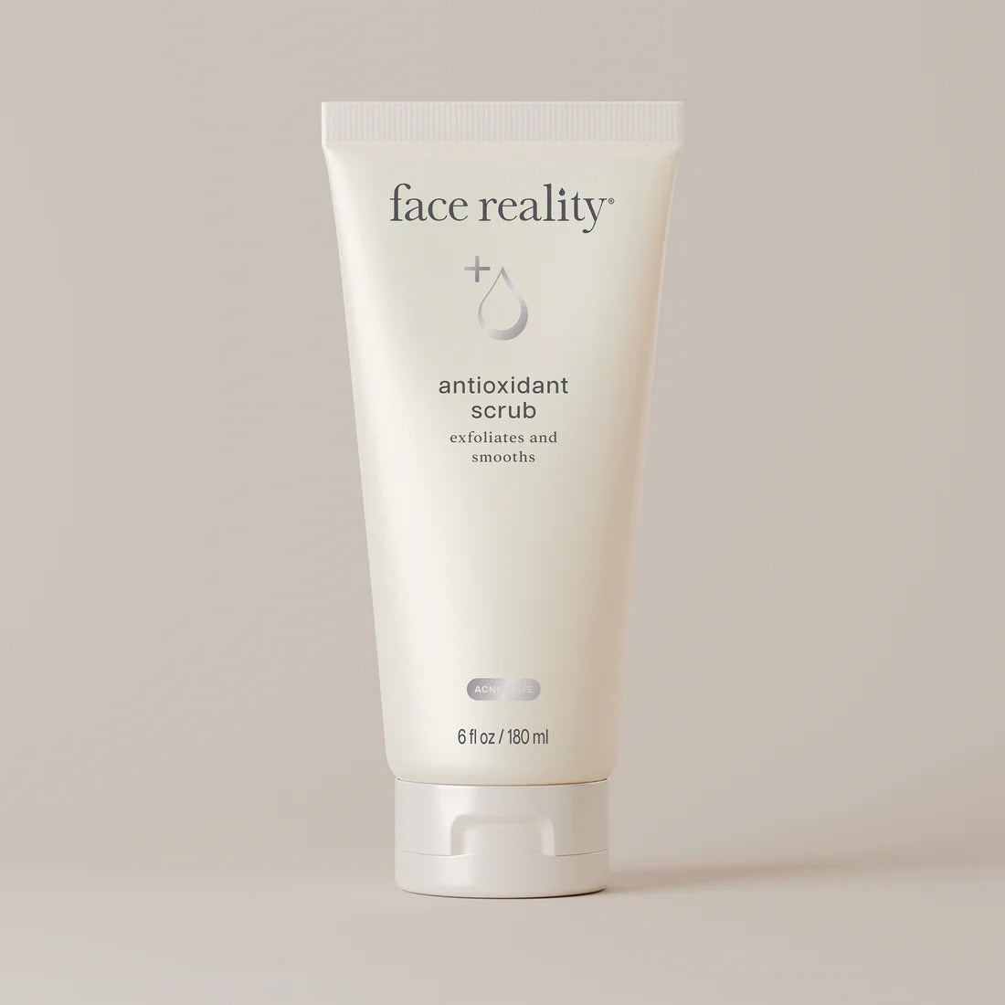 Face Reality's antioxidant scrub white product tube on beige backdrop