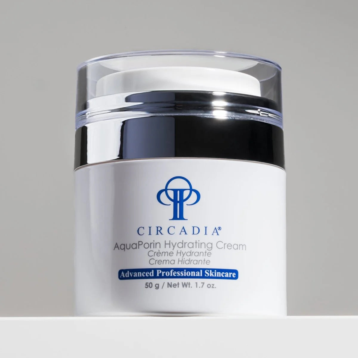 Circadia AquaPorin Hydrating Cream jar on a gray background