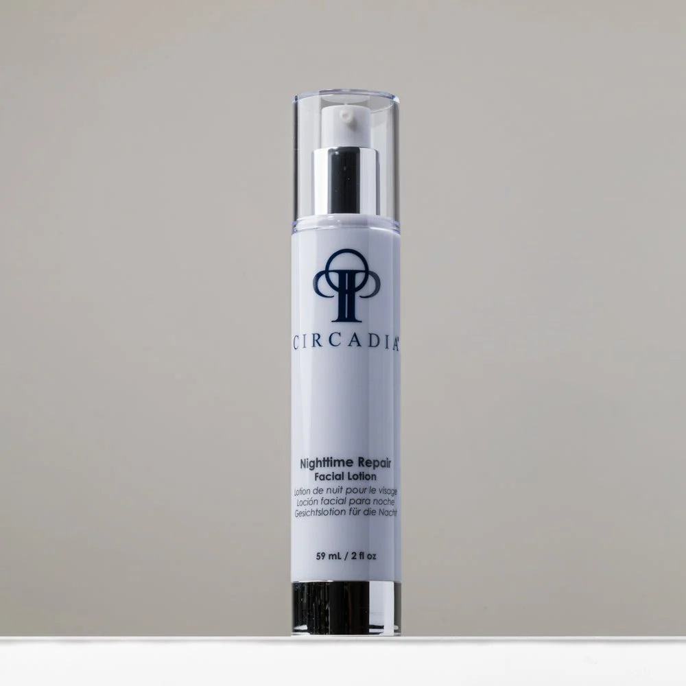 Circadia nighttime repair facial lotion bottle on a neutral background