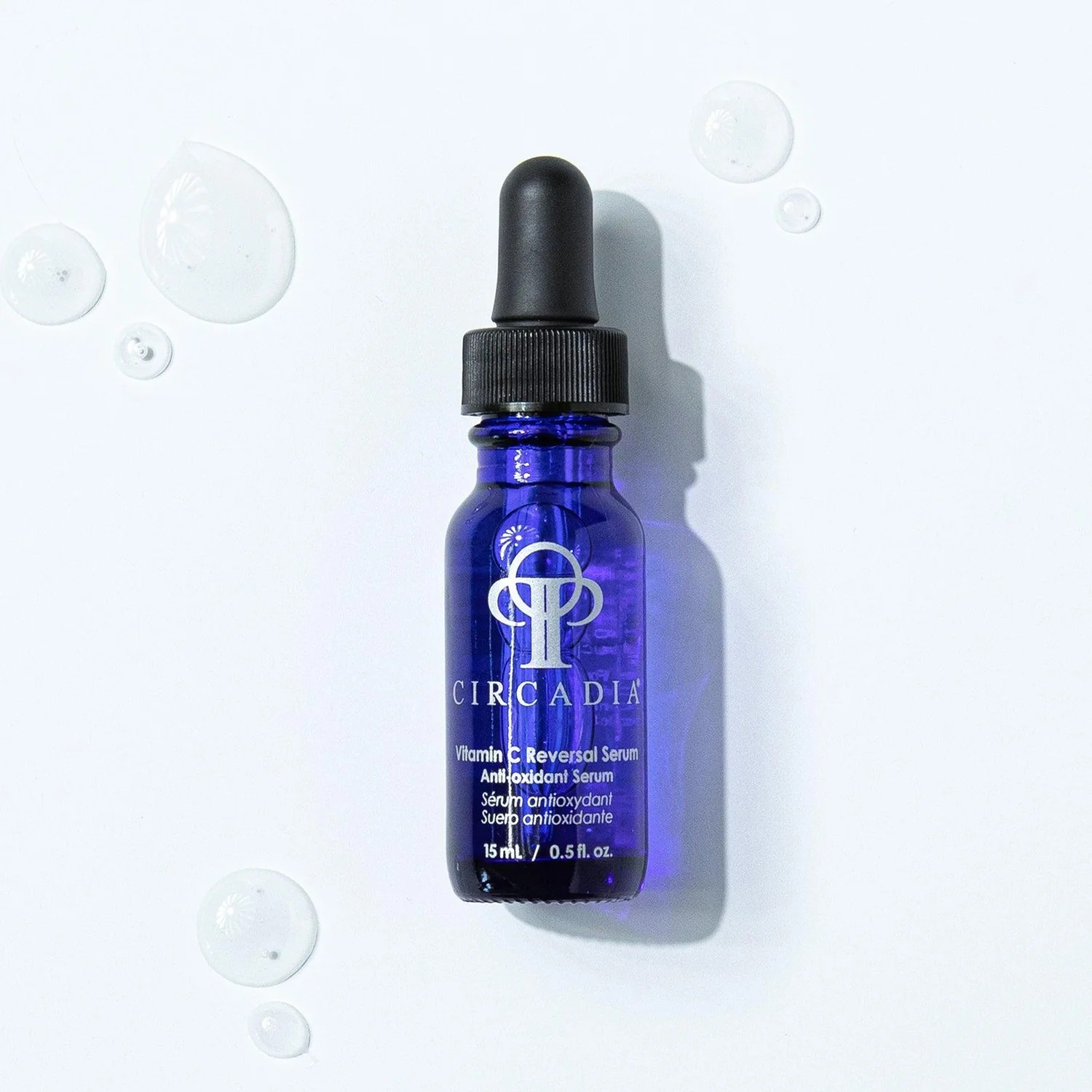 Circadia's Vitamin C Reversal Serum blue product bottle with black product dropper