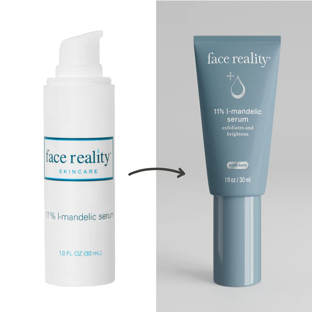 Face Reality's 11% l-mandelic serum in old white bottle packaging compared to new blue tube packaging